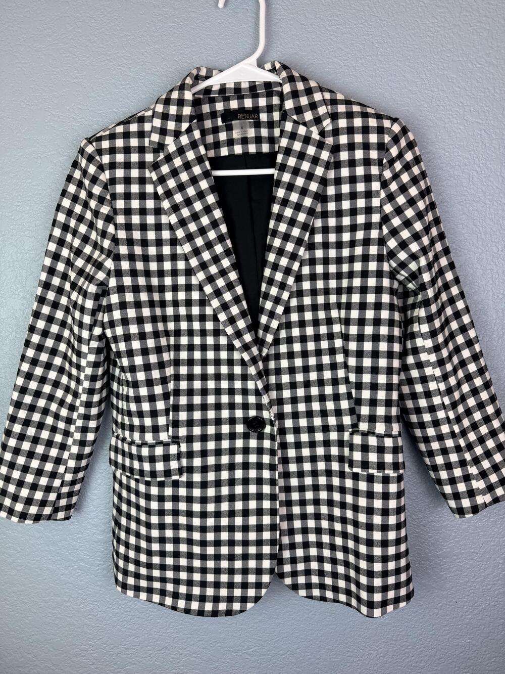 Renuar Blazer Womens 6 Black White Gingham Check 1 Button Lined Jacket Stretch